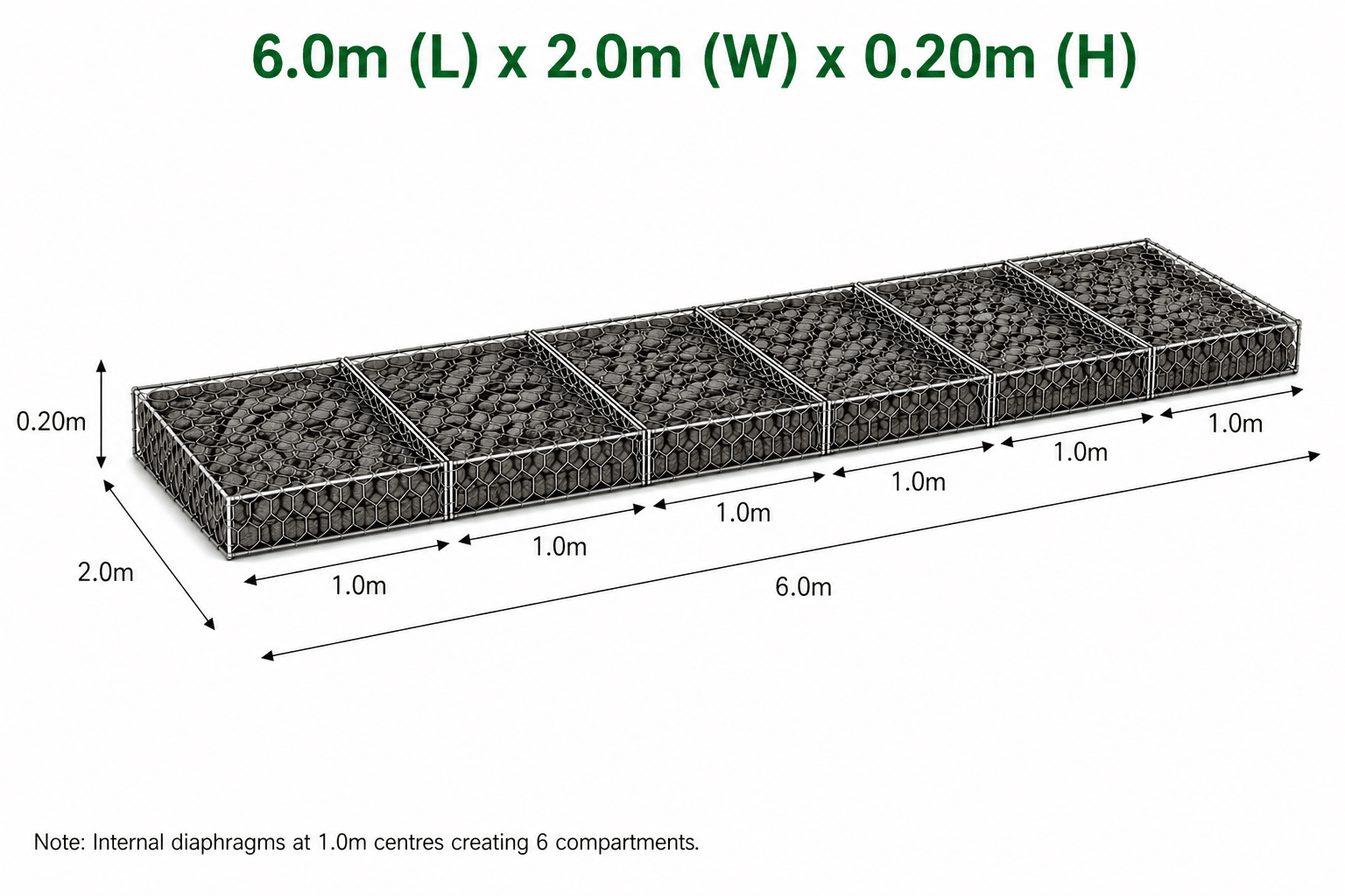Gabion Mattress 6.0 x 2.0 x 0.20m @2.0mm Ø Bezinal